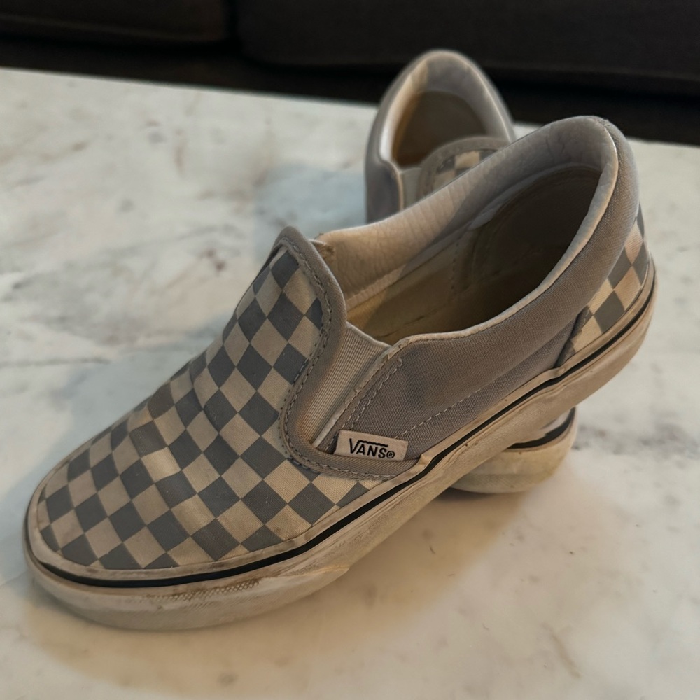 Vans slip on big boy size 3. Blue-gray and white check
